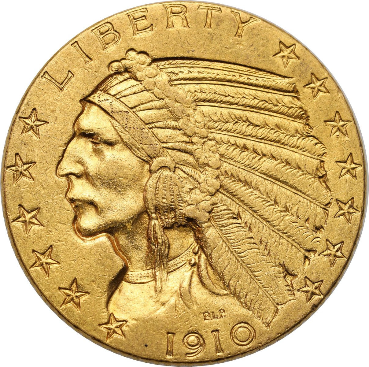 USA. Złote 5 $ dolarów 1910 Indianin